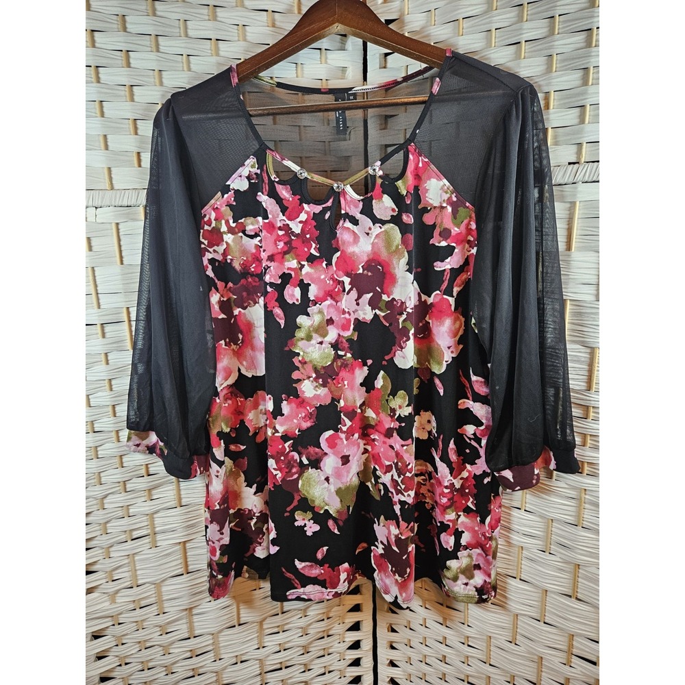 Zero 2 Eight Womens Blouse Sheer Sleeves Rhinestones Bloomcore Party Sz 1X